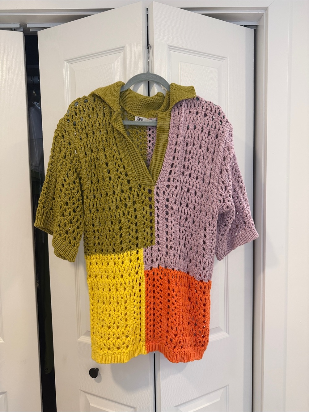 Zara Colorblock Open-Knit V-Neck Sweater in Olive, Lavender, Yellow & Orange